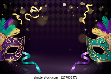 Masquerade decorative mask in 3d illustration on purple background