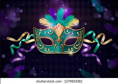 Masquerade decorative mask in 3d illustration on purple background