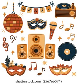 Masquerade disco party elements. Hand drawn vector illustrations of musical notes, disco ball, karaoke, speakers, masquerade masks, vinyl record, turntable and more.