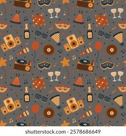 Masquerade Disco Party Elements on Gray Vector Seamless Pattern Design