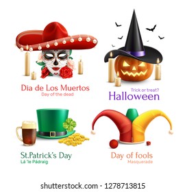 Masquerade hats 2x2  design concept with  day of the dead day of fools halloween saint patrick day square icons realistic vector illustration