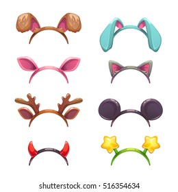 Masquerade head decor, ears and horns for holiday celebration. Funny assets for your photo decoration. New Year masks set. Carnival headdress elements. Vector illustration. Isolated on white.