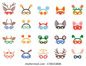 Masquerade head decor and mask set. Vector illustration. Cartoon headbands isolated on white. Face masking for halloween or Xmas party. Collection of animal costume element