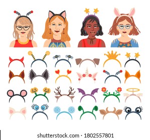 Masquerade head decor and mask set. Vector illustration. Cartoon headbands isolated on white. Face masking for halloween or Xmas party. Collection of animal costume element