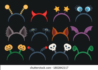Masquerade head decor and mask set. Vector illustration. Cartoon headbands isolated on white. Face masking for halloween or Xmas party. Collection of animal costume element