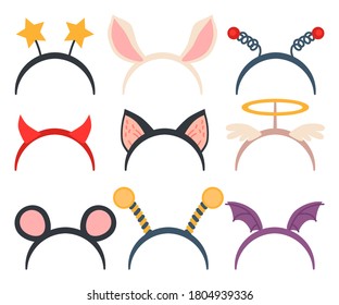 Masquerade head decor and mask set. Vector illustration. Cartoon headbands isolated on white. Face masking for halloween or Xmas party. Collection of animal costume element