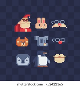 Masquerade icons set. Xmas costume. Retro 8-bit video game characters. Pixel art style. Isolated vector illustration.