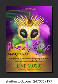 Masquerade invitation banner. Realistic carnival mask. Party or theater entertainment performance poster. Venetian parade. Traditional festival celebration. Colorful background. Vector illustration