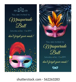 Masquerade invitation party vertical flyer banners set with realistic glossy masks decorative text and editable date vector illustration