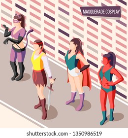 Masquerade isometric background with women wearing creative costumes 3d vector illustration