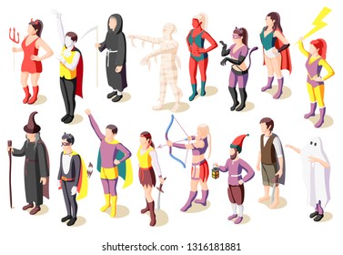 Masquerade isometric icons set with people wearing costumes of mummy sage demon ghost superhero pirate gnome isolated vector illustration