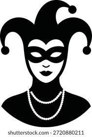 Masquerade Jester Character Wearing Mask and Pearl Necklace Silhouette