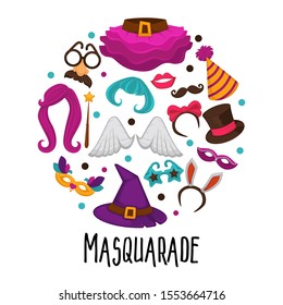 Masquerade, kids carnival, Halloween party costume accessories for children. Eye masks, sunglasses, magic hats, angel wings and purple wigs. Vector illustrations set in circle on white background.