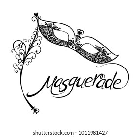 Masquerade. Lettering design and lace mask isolated on white background for Mardi Gras.

