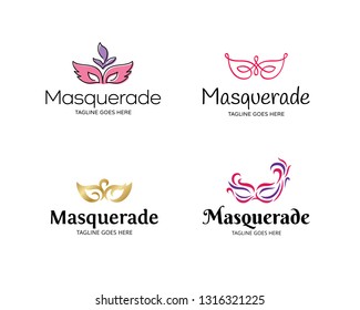 Masquerade logo design template set. Vector color festive concept with mask. Mardi Gras icon symbol collection. Carnival masque party illustration background