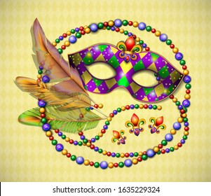 Masquerade mask, beads, colorful feathers, jewelry on a light background