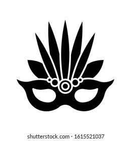 Masquerade mask black glyph icon. Traditional headwear with leaves. Ethnic festival. National holiday parade. Silhouette symbol on white space. Vector isolated illustration