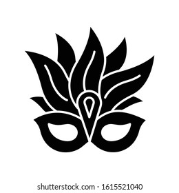 Masquerade mask black glyph icon. Traditional headwear with plumage. Brazil ethnic festival. National holiday parade. Silhouette symbol on white space. Vector isolated illustration