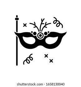 Masquerade mask black glyph icon. Theme party, luxurious ball, fashionable celebration event silhouette symbol on white space. Elegant masque, costume accessory vector isolated illustration