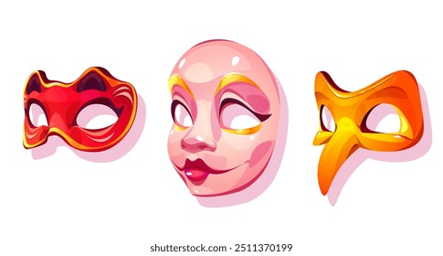 Masquerade mask and carnival face costume vector icon. Venetian theater festival art for acting isolated cartoon set. Vintage opera performance element for celebration or party object collection.