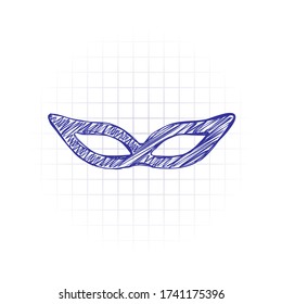 Masquerade mask, carnival or party. Hand drawn sketched picture with scribble fill. Blue ink. Doodle on white background