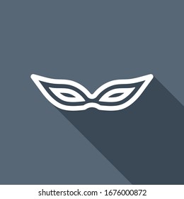 Masquerade mask, carnival or party, outline design. White flat icon with long shadow on blue background