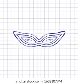 Masquerade mask, carnival or party, outline design. Hand drawn picture on paper sheet. Blue ink, outline sketch style. Doodle on checkered background