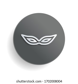 Masquerade mask, carnival or party, outline design. White paper symbol on gray round button or badge with shadow