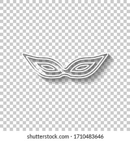 Masquerade mask, carnival or party, outline design. White outline sign with shadow on transparent background