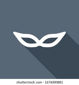 Masquerade mask, carnival or party. White flat icon with long shadow on blue background