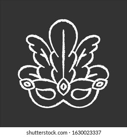 Masquerade mask chalk white icon on black background. Brazilian traditional headwear with plumage. Ethnic festival. National holiday parade. Isolated vector chalkboard illustration