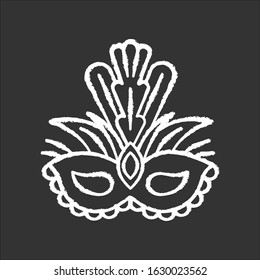 Masquerade mask chalk white icon on black background. Traditional headwear with plumage. Ethnic festival. National holiday parade. Isolated vector chalkboard illustration