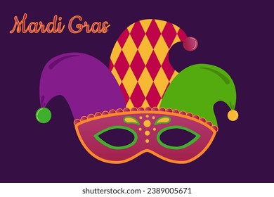 Masquerade mask with a clown's cap holiday Mardi gras, carnival party element. Fat tuesday, carnival, festival. For design of postcards, greeting card, banner, gift packaging, poster, wallpaper