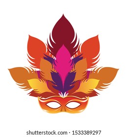 Masquerade mask with colorful feathers over white background, colorful design. vector illustration