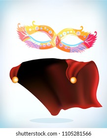 masquerade mask. Masquerade costume headdress. Carnival or Halloween mask. Cartoon mascot Vector illustration. Funny super hero flying with cloak.