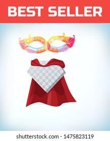 Masquerade mask. Masquerade costume headdress. Carnival or Halloween mask. Cartoon Vector illustration. Red cape
