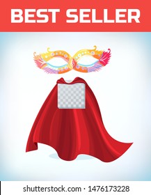 Masquerade mask. Masquerade costume headdress. Carnival or Halloween mask. Cartoon Vector illustration. Red cape