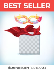 Masquerade mask. Masquerade costume headdress. Carnival or Halloween mask. Cartoon Vector illustration. Red cape