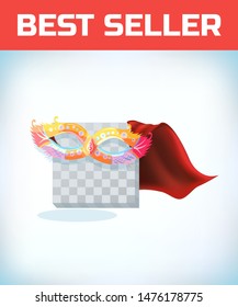 Masquerade mask. Masquerade costume headdress. Carnival or Halloween mask. Cartoon Vector illustration. Red cape