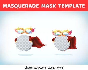 Masquerade mask. Masquerade costume headdress. Carnival or Halloween mask. Cartoon Vector illustration. Red cape. Cartoon template.