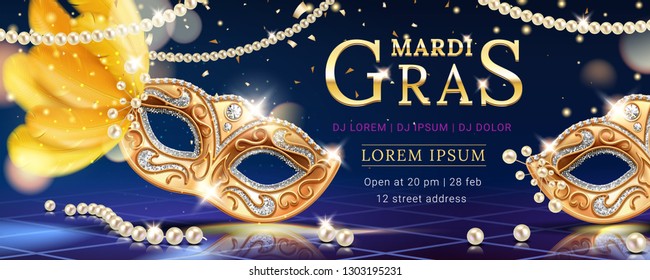 Masquerade Mask With Feather For Mardi Gras Carnival Banner. Venice Event Invite Background With Beads And Confetti. Party Flyer Or Venetian Festive Card Design. Holiday And Disguise, Celebration