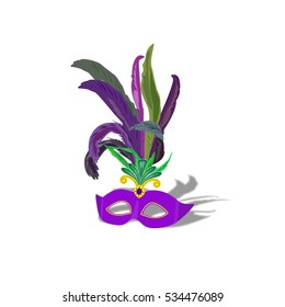 Masquerade mask with feathers isolated icon. Freehand cartoon style. Mardi Gras parade celebration label traditional colorful symbol. Holiday carnival sign. Vector decorative element banner background