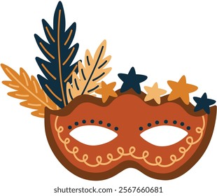 Masquerade Mask with Feathers and Stars Vector Illustration