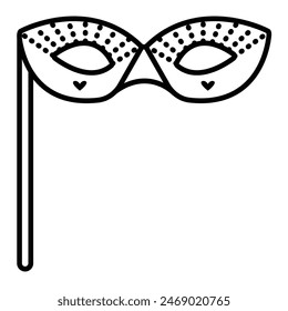 Masquerade mask with hearts, dots and stick, vector black line icon, editable stroke, pixel perfect illustration