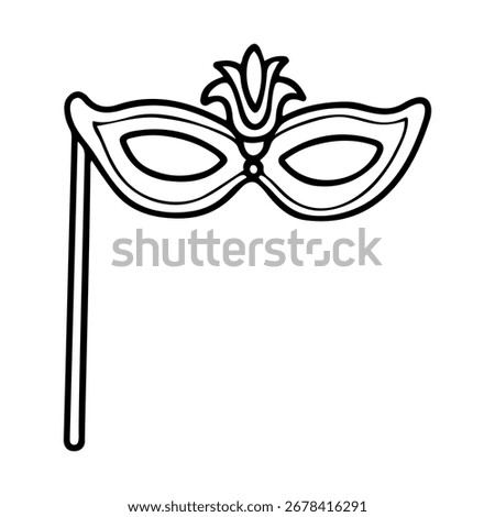 Masquerade mask with holder. Hand drawn doodle vector. Secret face. Carnival costume accessory. Festival decoration. Retro party. Fashion, vintage style. Illustration line art element.