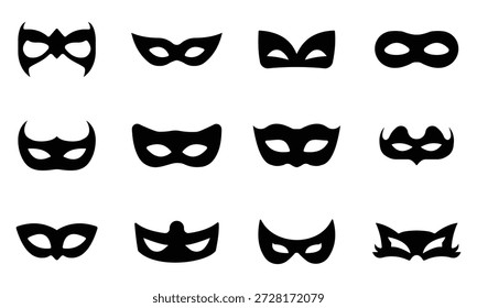 Ícones de máscara de máscara. Conjunto de diferentes ícones de máscara de máscara. Coleção de formas de máscara preta isolada no fundo branco.  Ilustração isolada vetorial de coleção de aniversário e festa.