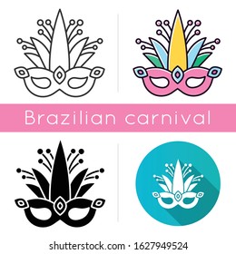 Masquerade mask icons set. Linear, black and RGB color styles. Traditional headwear with plant leaves. Ethnic festival. National holiday parade. Isolated vector illustrations