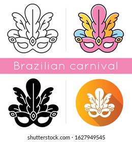 Masquerade mask icons set. Linear, black and RGB color styles. Brazilian traditional headwear with plumage. Ethnic festival. National holiday parade. Isolated vector illustrations