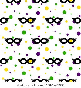 Masquerade mask mardi gras carnival seamless pattern with confetti.