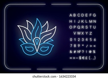 Masquerade mask neon light icon. Traditional headwear with plumage. Brazil ethnic festival. Outer glowing effect. Sign with alphabet, numbers and symbols. Vector isolated RGB color illustration